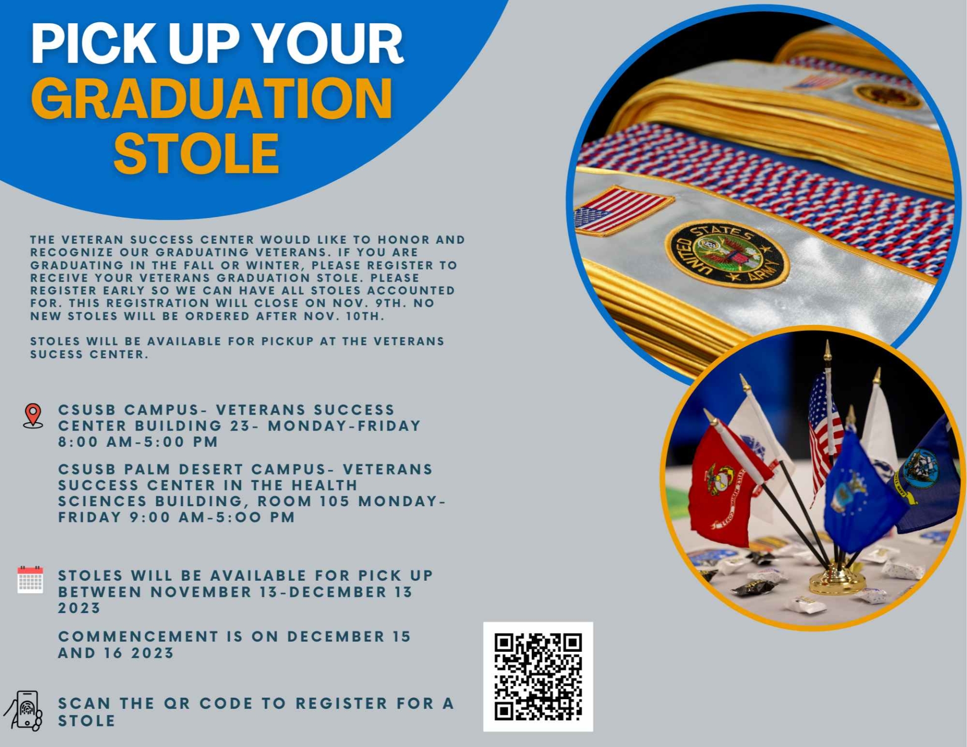 Flyer explaining the Veteran Graduation Stole pickup system 